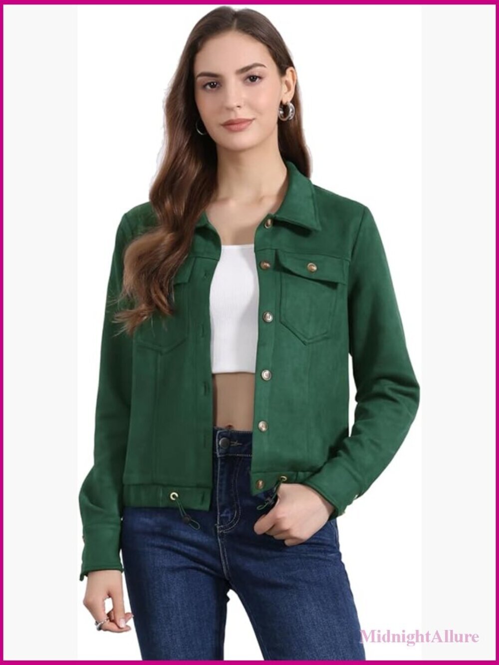 Faux Suede Cropped Biker Motorcycle Jacket Button Down Collar Coat